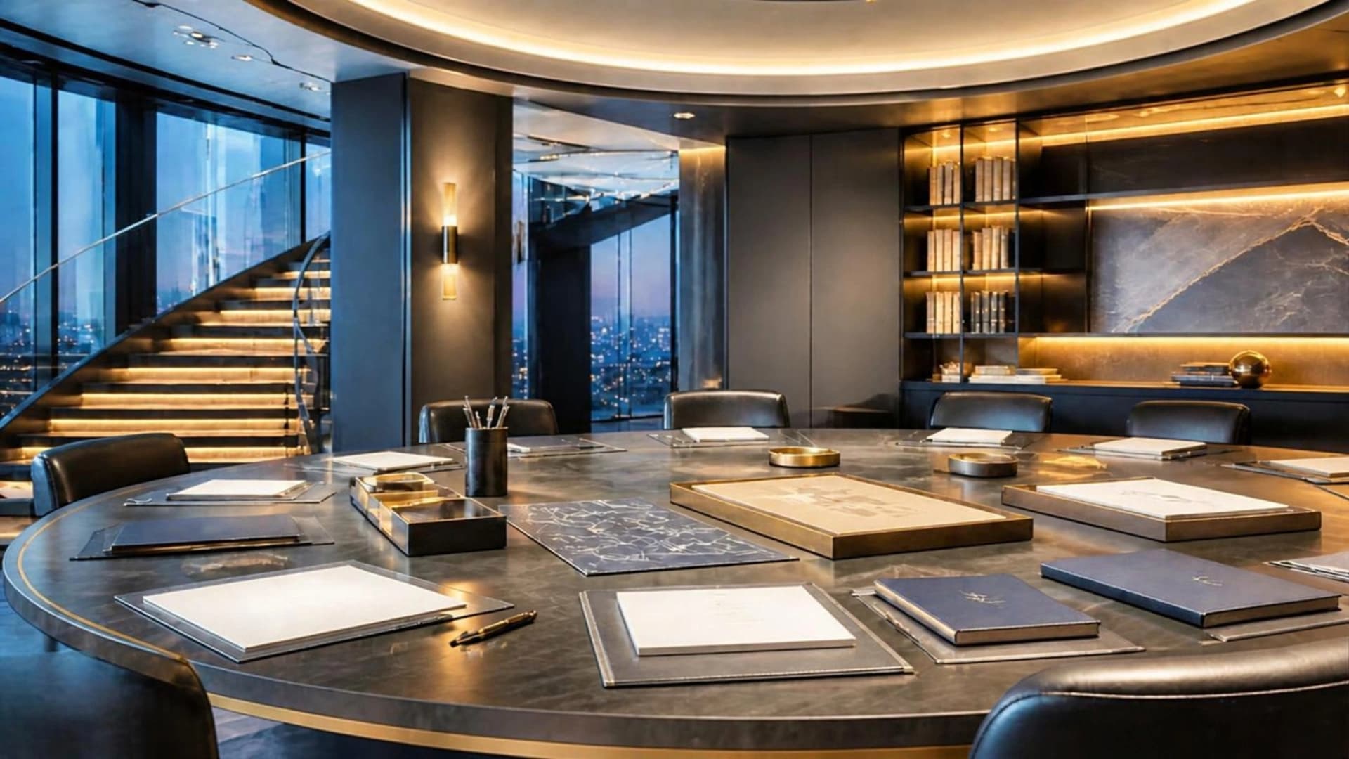 Executive planning boardroom with a central table and architectural lighting