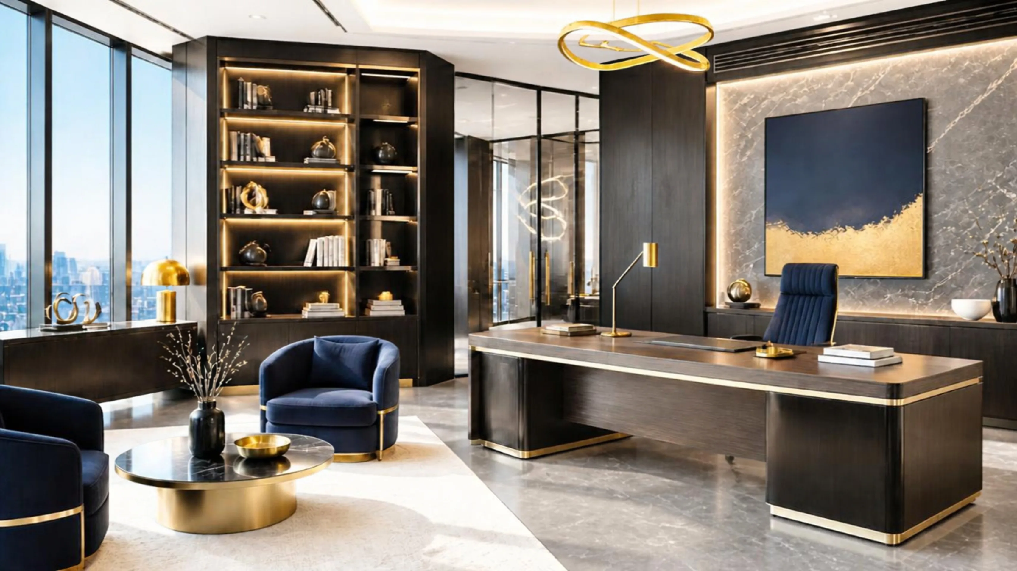 Executive office with two conversation chairs, a desk, and a city skyline